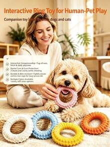 PETSIN Durable Cotton Rope Woven Ring Pet Toy; Cat And Dog Teething Rope Knot Ring; Interactive Chew Toy For Boredom Relief And Wear Resistance; Multiple Colors Available - Multicolor - View 3