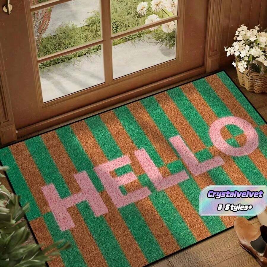 Striped Hello Welcome Door Mat, Faux Fur Material, Simple Style, All-Season Entryway Mat. Suitable For Kitchen, Dining Room, Corridor, Bathroom, Bedroom, Parties, Gatherings, Garden Decor, Gift, Creating A Cozy Home Atmosphere. - A - View 1