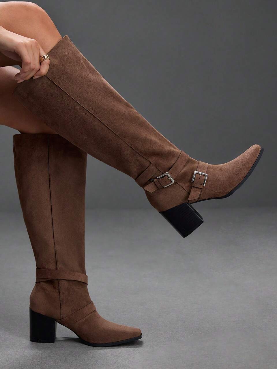 CUCCOO SZL Ladies Brown Imitation Suede Wide Knee Boots Double Adjustable Metal Buckle Ribbon Square Toe Thick Heel Sleeve High Women's Boots Fall Boots