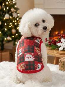 PETSIN 1pc Christmas Style Pet Vest, Classic And Eye-Catching Red And Black Checkered Pattern, Featuring Cute And Fun Patterns Such As Santa Claus, Reindeer, Snowman, Etc. It Is Skin Friendly, Breathable And Sleeveless Pet Vest - Multicolor - View 1