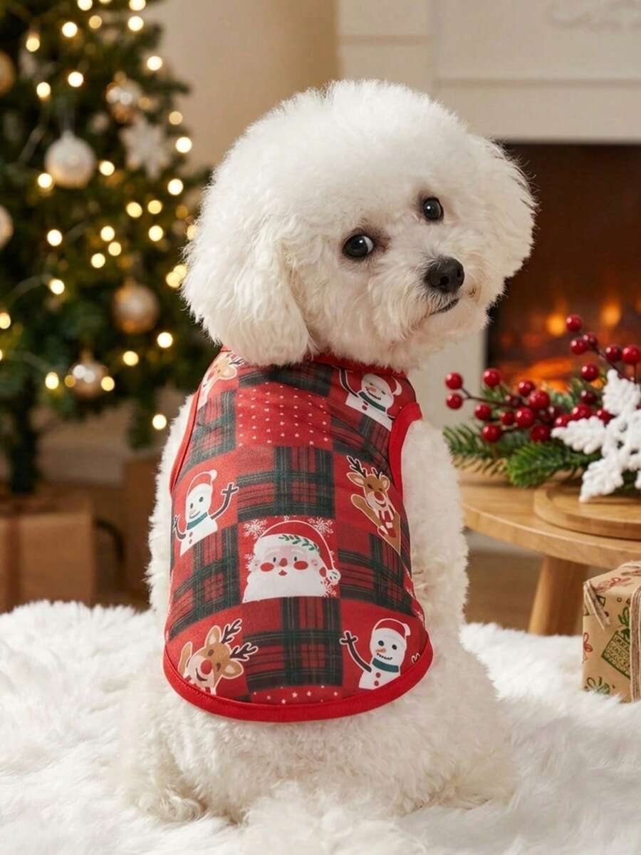 PETSIN 1pc Christmas Style Pet Vest, Classic And Eye-Catching Red And Black Checkered Pattern, Featuring Cute And Fun Patterns Such As Santa Claus, Reindeer, Snowman, Etc. It Is Skin Friendly, Breathable And Sleeveless Pet Vest - Multicolor - View 1