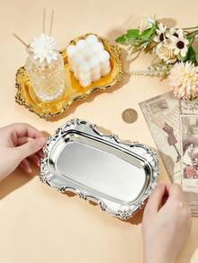 Ornate Embossed Metal Jewelry Tray – Vintage Gold & Silver Decorative Tray With Embossed Edges – Elegant Mirrored Jewelry Display Tray – Versatile Tray For Cosmetics, Skincare, And Candles – Home Vanity Decor And Storage - Multicolor - View 2