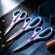 1pc /3pcs Household Tailor Scissors, Sewing Shears, Multi-Functional Handcraft Scissors, Office Scissors, Stainless Steel Titanium Plated Colorful Scissors, Hardened Sharp Blades, Ergonomic Design - blue-purple - View 5