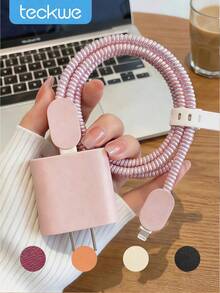 Teckwe 5-Piece Set: Leather Checkered Pattern-New Apple 20W Charger Case And Data Cable Protector For Phone 17/16/15/14 With Braided Cord To Prevent Breakage. - Multicolor - View 1
