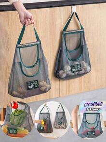 1pc Large Capacity Double Layer Hanging Mesh Storage Bag, Reusable, Suitable For Storing Fruits And Vegetables, Washable, Can Be Hung On Wall, Also Used For Storing Garlic, Potatoes, Onions Or As Food Pantry Storage Bag, Suitable For Kitchen - Dark Green - View 1
