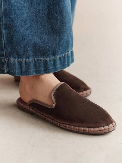Rosivie Women's Shoes Baotou Half-Drag Flats, Dark Brown Velvet Texture, Vacation Leisure And Comfort Versatile
