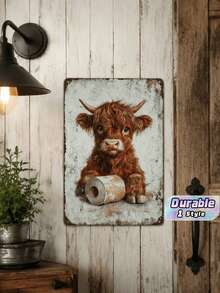 1pc Vintage Highland Cow Metal Tin Sign, Funny Toilet Paper Cow Wall Plaque, Retro Rustic Bathroom Decor For Restroom Home, 12x8in - 1PC - View 1