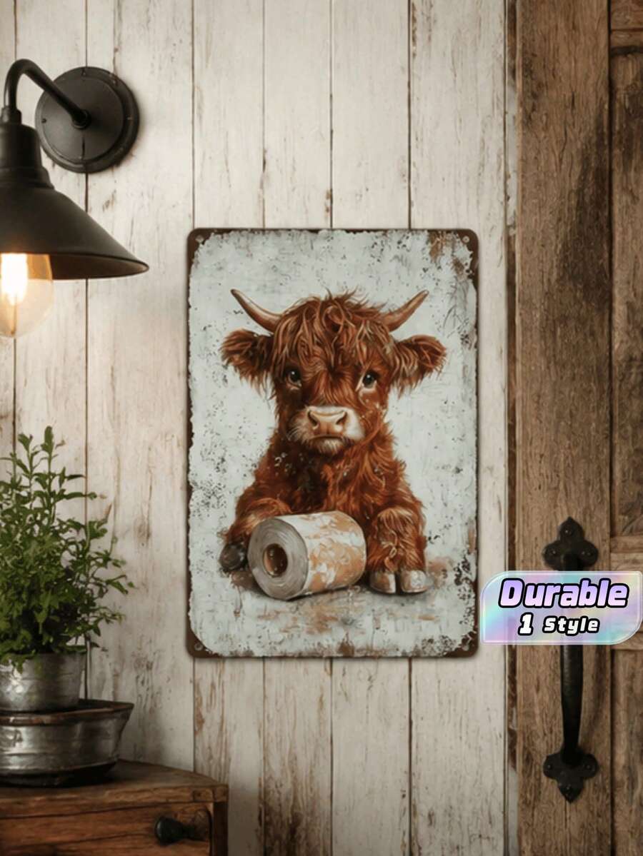1pc Vintage Highland Cow Metal Tin Sign, Funny Toilet Paper Cow Wall Plaque, Retro Rustic Bathroom Decor For Restroom Home, 12x8in - 1PC - View 1