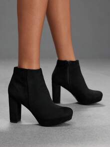 CUCCOO SZL Women's Black Suede Ankle Boots With Chunky Heels And Platform Sole Fall Boots - Black - View 2