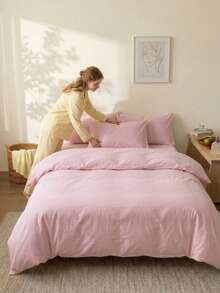 Cirelle 3pcs Pink Duvet Cover Set - Soft Polyester Light Pink Solid Color Bedding Set, Breathable Aesthetic Quilt Cover With Pillow Shams (No Insert) - Pink - View 2