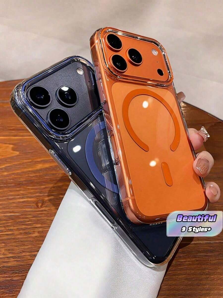 奢華高透明 PC 磁吸手機殼，相容 Character Pro Max 17 16 15 14 Pro Max，支援無線充電，防震保護殼 - 橘色 - 查看 1