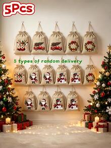 5Pcs Christmas Jute Gift Bags For Him & Her, 5.9 X 3.9 Inch Reusable Drawstring Pouches, 5 Assorted Random Christmas Theme Designs, For Xmas Party Gifts, Birthday Presents & Christmas Tree Decorations - Multicolor - View 6