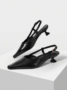 Mnmlis Black Pleated Glossy Pointed Back Empty Sandals Strap Strap Strap Heel Women's High Heel Sandals - Black - View 5