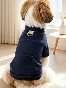 1Pc Solid Pet Pocket Sweatshirt With Leash Ring, Spring Autumn Warm Puppy Clothes, Cute Small Dog Cat Outfit - Navy Blue - View 8