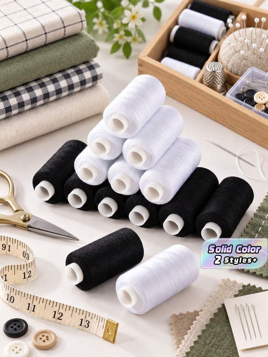 8/12PCS Black & White Polyester Sewing Thread Spools, Sturdy Thread For Hand‑Sewing And Sewing Machine - Multicolor - View 1