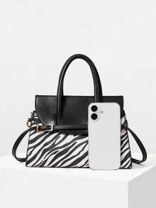 MOTF PREMIUM WOMEN'S FASHION ZEBRA PATTERN HANDBAG, EXQUISITE STRAP BUCKLE, RETRO SPLICING CONTRASTING COLORS, FOR DAILY, COMMUTING, SHOPPING, FESTIVALS - zebra pattern - View 5