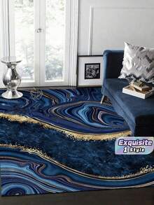 Luxury Faux Marble Print Area Rug, Machine-Washable, Non-Slip, Low-Pile Polyester, Suitable For Home And Office, Rectangular Rug Perfectly Fits Living Room, Bedroom, Study, And Holiday Decor - Blue And Gold, Available In Multiple Sizes - A - View 1