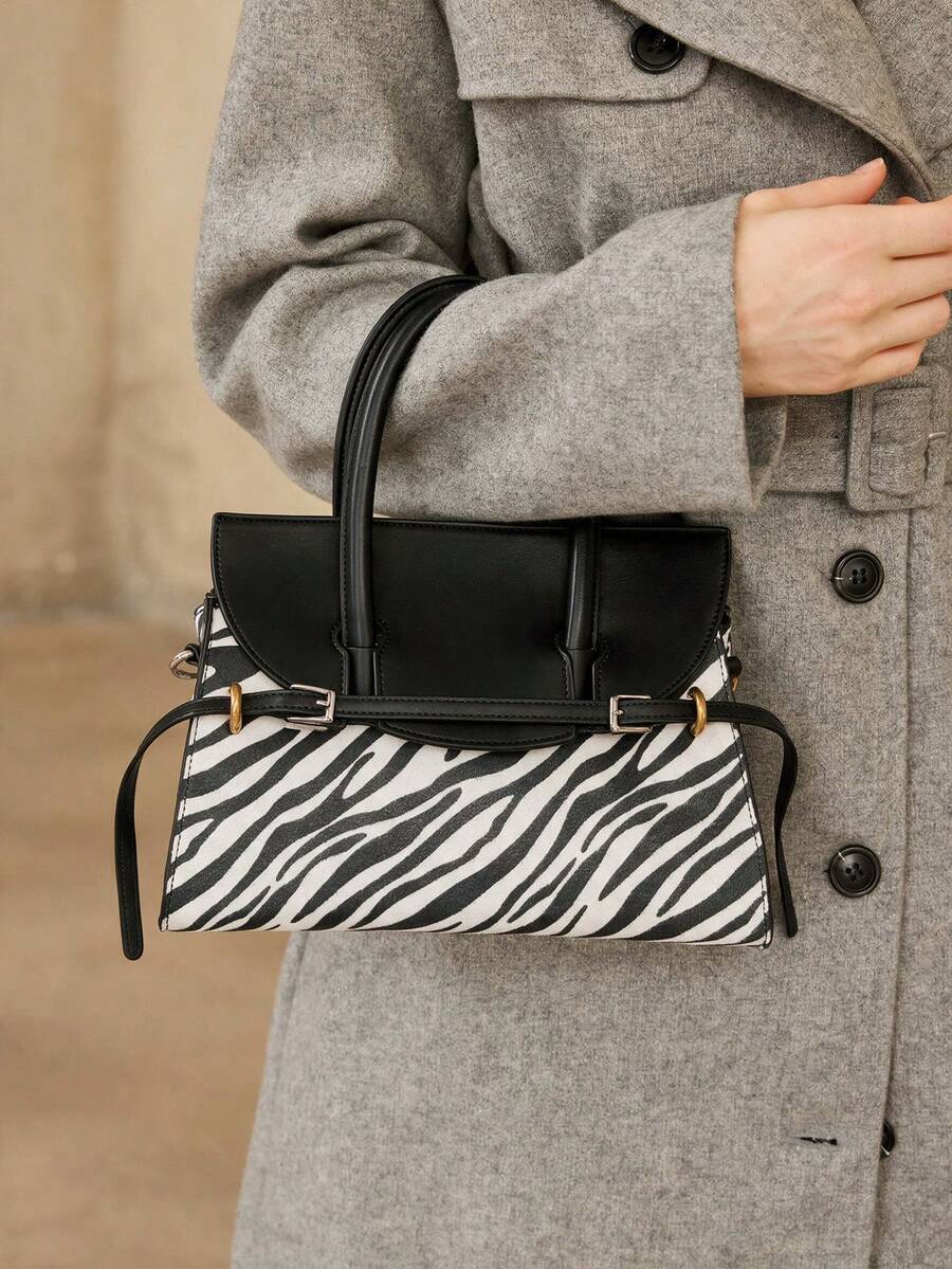 MOTF PREMIUM WOMEN'S FASHION ZEBRA PATTERN HANDBAG, EXQUISITE STRAP BUCKLE, RETRO SPLICING CONTRASTING COLORS, FOR DAILY, COMMUTING, SHOPPING, FESTIVALS - zebra pattern - View 1