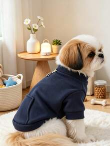 1Pc Solid Pet Pocket Sweatshirt With Leash Ring, Spring Autumn Warm Puppy Clothes, Cute Small Dog Cat Outfit - Navy Blue - View 4
