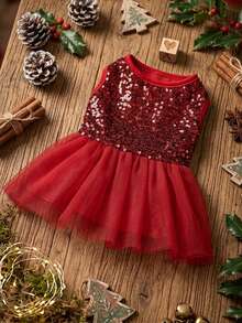 PETSIN Christmas Red Mesh Contrast Sequin Pet Dress - Burgundy - View 14