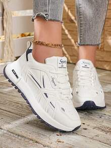Pair Of Thick Heel Running Sports Shoes With Air Cushion And Lace, Breathable Sports Shoes - Blue - View 3