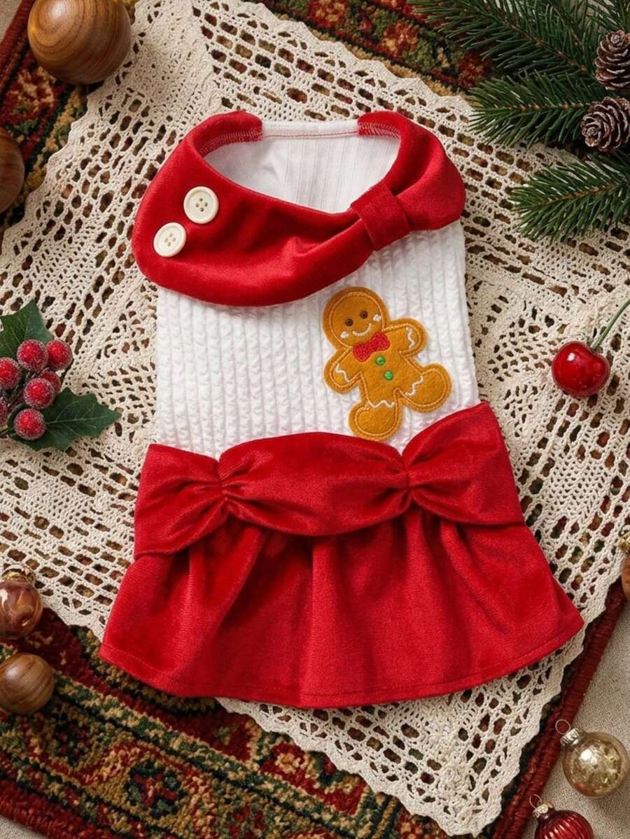 PETSIN Christmas Gingerbread Dog Dress Cute Bow Pet Holiday Costume Winter Outfit For Small Cat Puppy - White - View 1