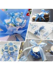 1 Roll 22m Blue Handmade Rose Satin Ribbon, 22mLong Polyester Packaging Ribbon, Home Decor, SceneDecor, Theme Party Decor - Blue - View 5