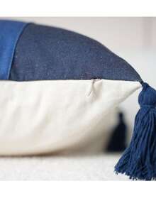 Cirelle 1pc/2pcs All-Season 3-Tone Vertical Color Block Canvas Pillow Covers With Four-Corner Tassels, Minimalist Modern Boho Neutral Home Decor Cushion Cases For Sofas, Bedrooms, Bay Windows, Apartments & Homestays, Pillow Insert Not Included - dark blue - View 7
