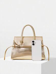 MOTF PREMIUM WOMEN'S FASHION SHINY GOLD HANDBAG WITH DELICATE STRAP BUCKLE FOR DAILY USE, COMMUTING, SHOPPING, FESTIVALS, PARTIES, PARTIES - Gold - View 5