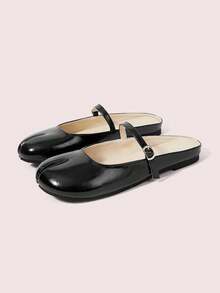 CUCCOO DOLLMOD Women's Adjustable Buckle Strap Split‑Toe Tabi Backless Slip‑On Flat Mule Slippers Black Fall Shoes - Bright black - View 2