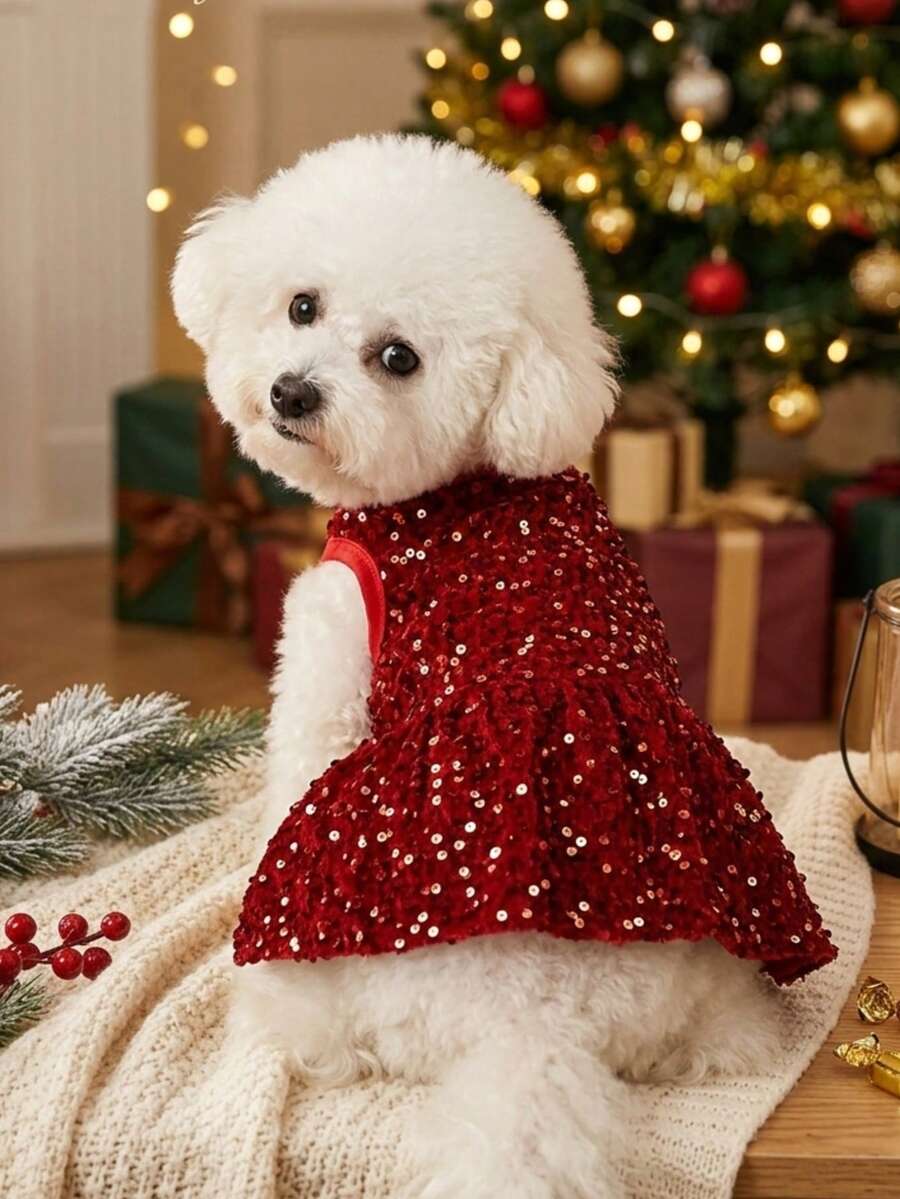PETSIN Colorful Red Sequin Pet Dress For Christmas Party - Red - View 1