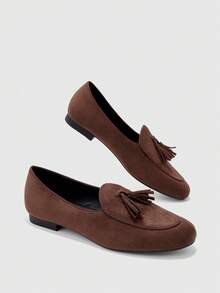 CUCCOO BIZCHIC Women's Shoes, Four-Season Suede Round Toe Fringed Loafers, Retro British Style Flat-Soled Soft-Soled Shoes, Daily Wear In The Workplace - Coffee Brown 3 - View 2