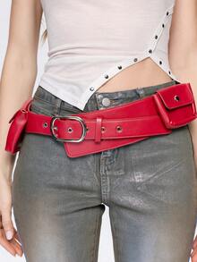 ROMWE Grunge Punk Y2K Punk Style, Black Metal Rivets, Gas Eyes, Multiple Pockets, Adjustable Metal Buckle, Women's Fanny Pack, - Big red - View 5