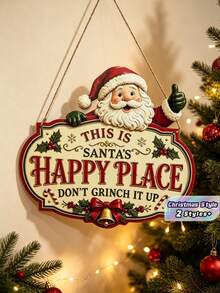 This Is Santa's Happy Place Wooden Hanging Sign, Hand Carved Santa Christmas Front Door Decor, Rustic Winter Porch Wood Plaque Holiday Gift - Multicolor - View 1