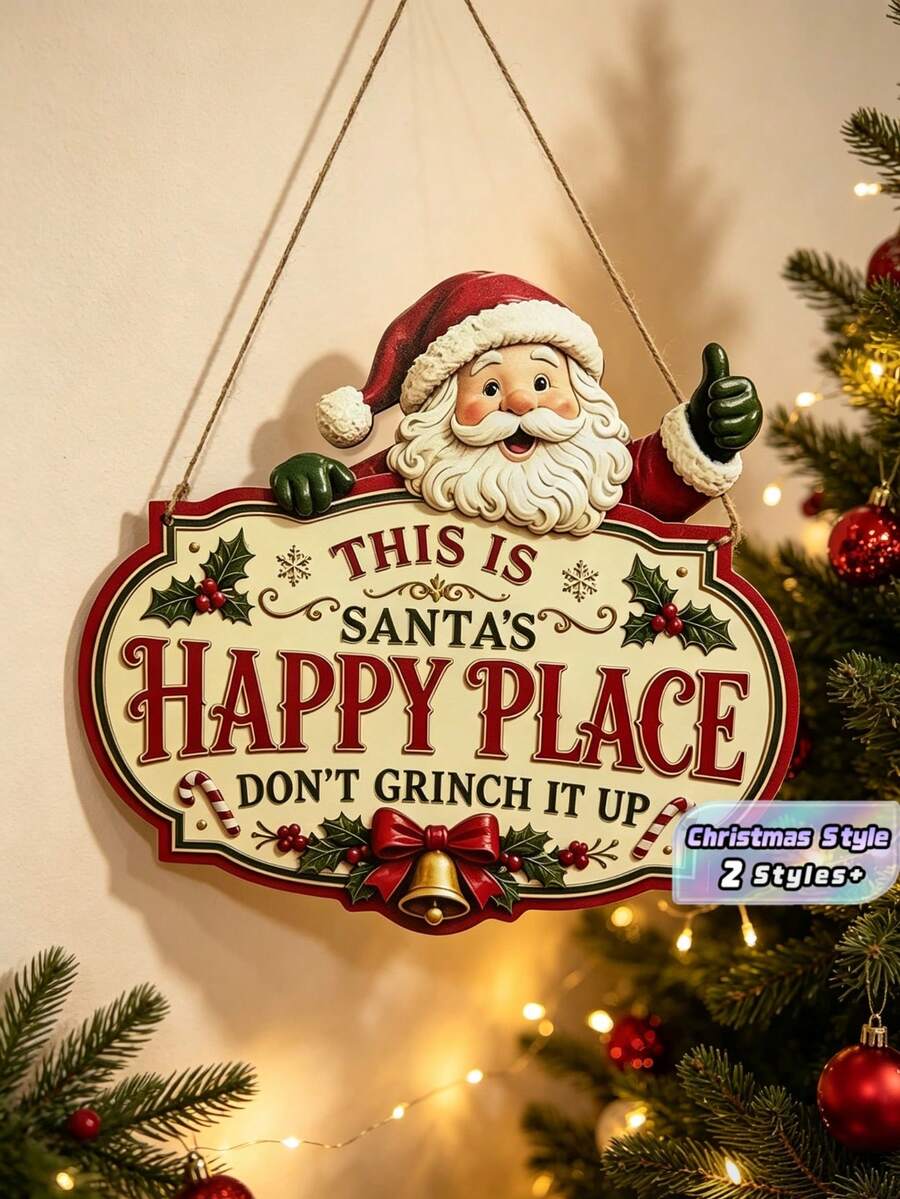 This Is Santa's Happy Place Wooden Hanging Sign, Hand Carved Santa Christmas Front Door Decor, Rustic Winter Porch Wood Plaque Holiday Gift - Multicolor - View 1