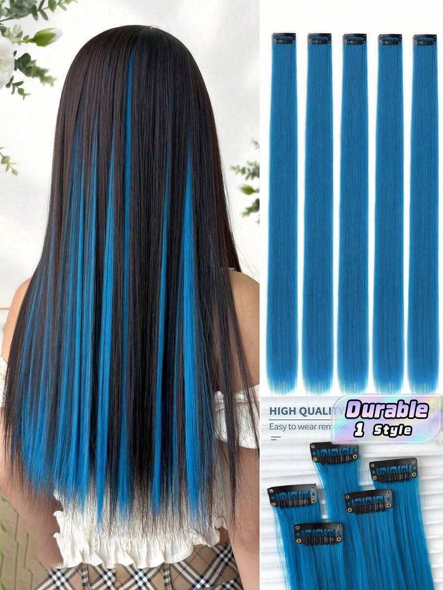 5PCS Blue Hair Clips Extensions, Women Synthetic Fiber Wigs, Can Match Various Hairstyles Without Going To Salon, Suitable For Daily Use And Parties