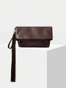 MOTF WOMEN'S FASHION BROWN CLUTCH BAG, EXQUISITE AND SIMPLE FRINGED BAG, FOR DAILY, COMMUTING, SHOPPING, TRAVEL - Coffee - View 1