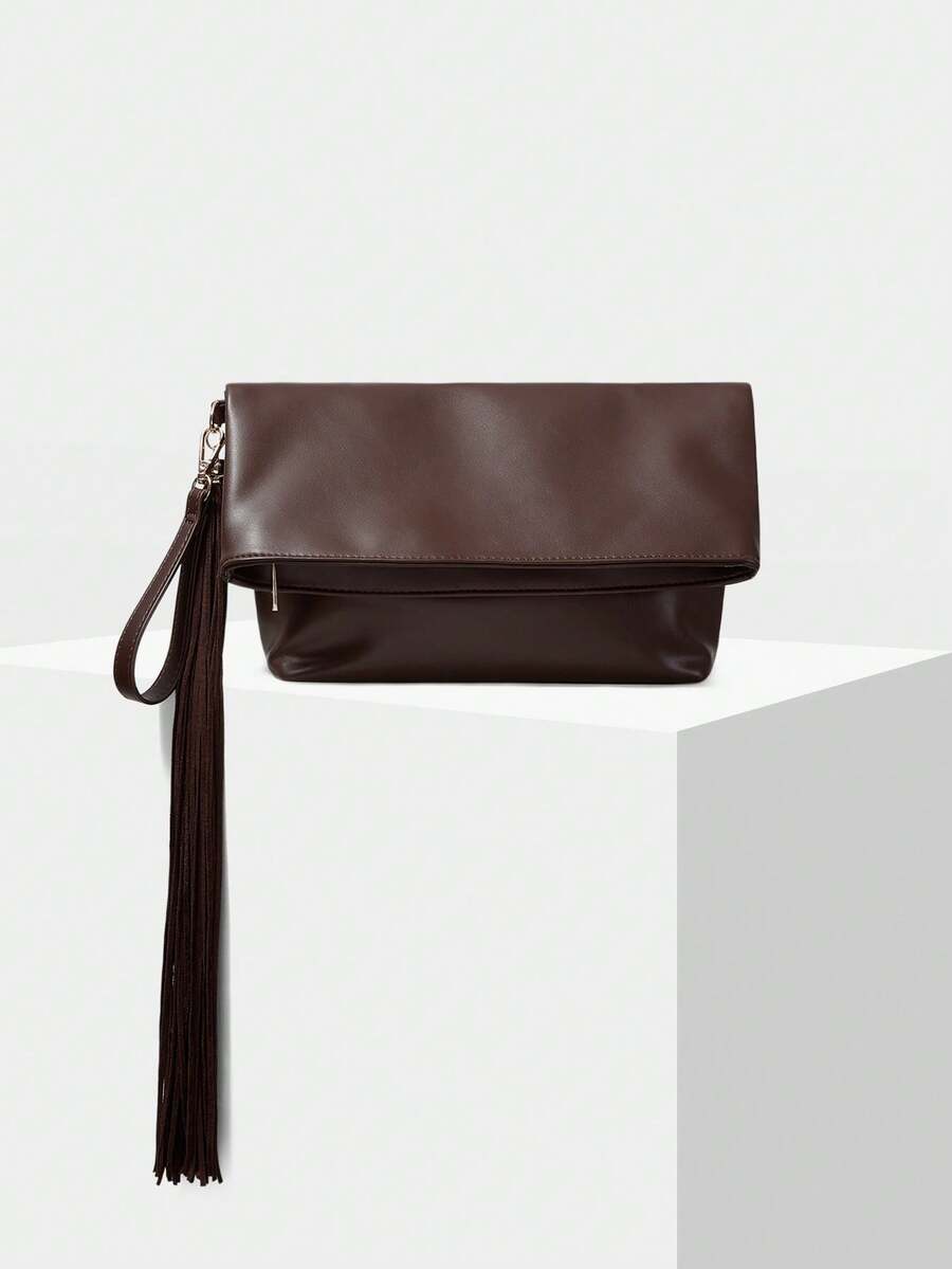 MOTF WOMEN'S FASHION BROWN CLUTCH BAG, EXQUISITE AND SIMPLE FRINGED BAG, FOR DAILY, COMMUTING, SHOPPING, TRAVEL - Coffee - View 1