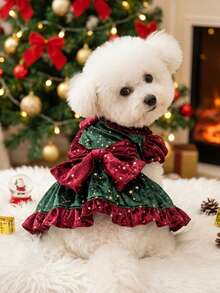PETSIN Christmas Velvet Pet Dog Dress Gold Star Print Big Bow Ruffle Skirt Xmas Holiday Outfit For Small Puppy Cat - Green - View 4