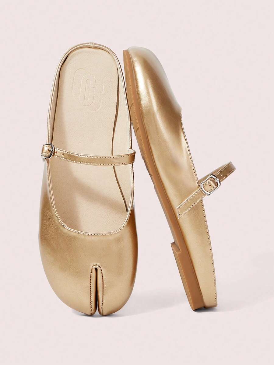 CUCCOO DOLLMOD Women's Adjustable Buckle Strap Split‑Toe Tabi Backless Slip‑On Flat Mule Slippers Gold Fall Shoes - Gold - View 1