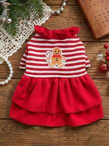 PETSIN Christmas Pet Dog Dress Red‑White Stripe Gingerbread Applique Ruffle Collar Xmas Holiday Outfit For Small Puppy Cat - Red - View 4