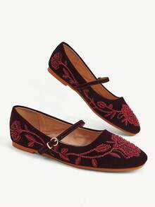 CUCCOO CHICEST 新款圓頭平底酒紅色刺繡縫線珍珠女式平底鞋 時尚優雅舒適透氣瑪麗珍鞋 - 酒紅色 - 查看 2