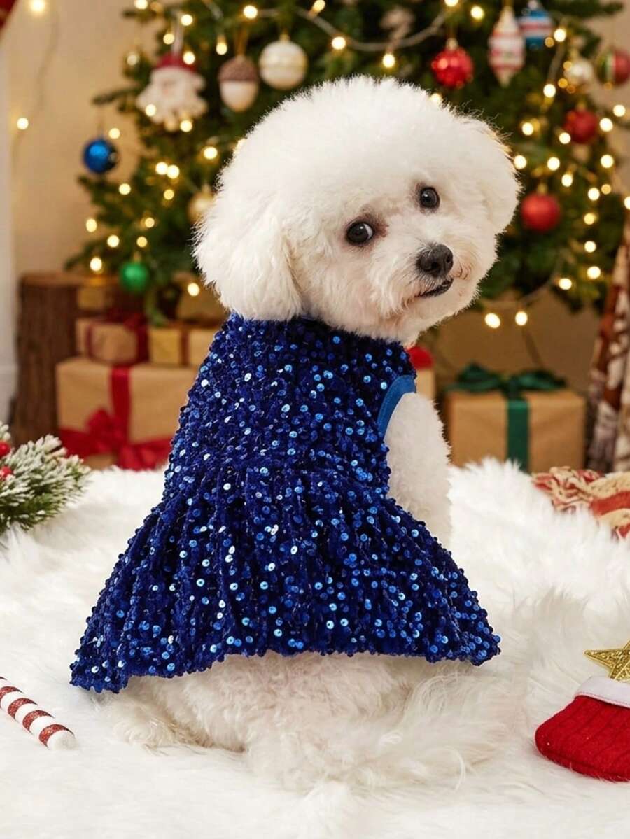PETSIN Purple Sequin Princess Dress For Cats And Dogs, Christmas Party Sparkling Costume Pet Dress - Blue - View 1