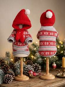 PETSIN Pet Christmas Outfit Knit Snowflake Dog Sweater With Pom‑Pom Santa Hat Warm Winter Clothes For Small Dogs Cats - Red - View 4
