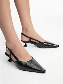 Mnmlis Black Pleated Glossy Pointed Back Empty Sandals Strap Strap Strap Heel Women's High Heel Sandals - Black - View 6