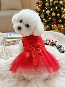 PETSIN Cute Pet Red Lace Dress With Bowknot - Princess Style Dog Cat Formal Wear For Parties & Holidays - Red - View 1