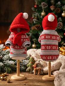 PETSIN Pet Christmas Outfit Knit Snowflake Dog Sweater With Pom‑Pom Santa Hat Warm Winter Clothes For Small Dogs Cats - Red - View 2