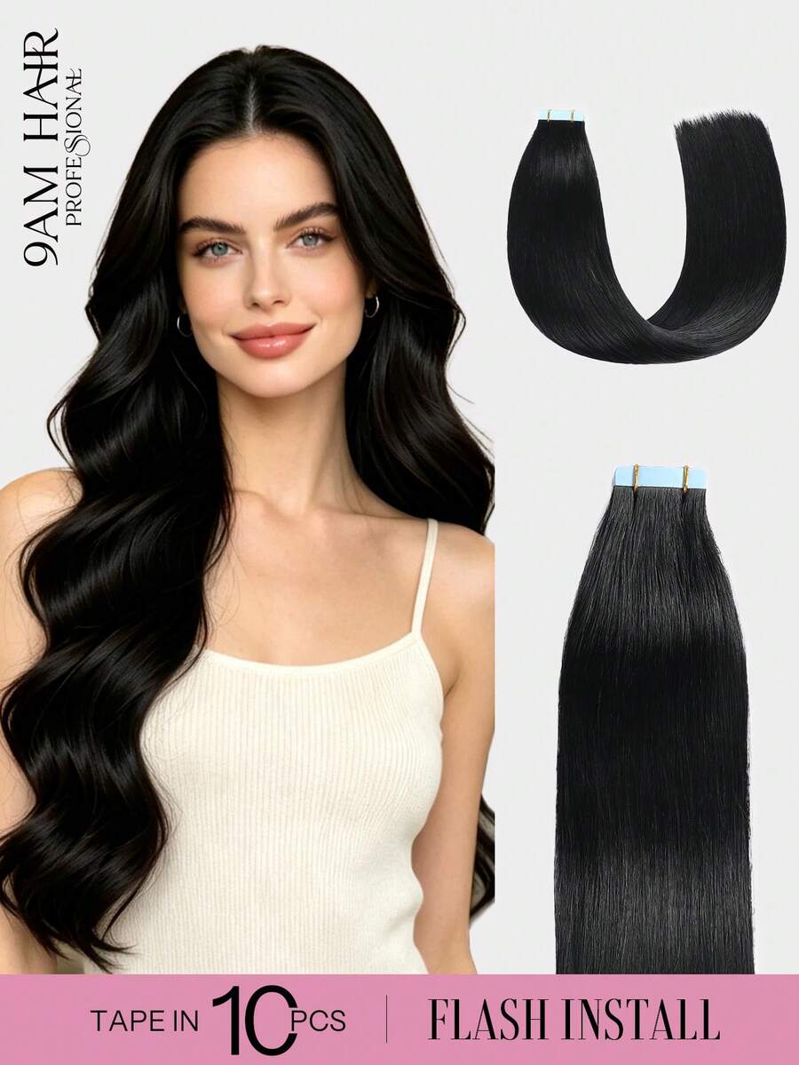 10Pcs 25Gram Jet Black 22inch Tape In Hair Extensions Soft Silky Straight Human Hair Extensions Real Human Hair Natural Tape In Extensions For Women - S1 - View 1