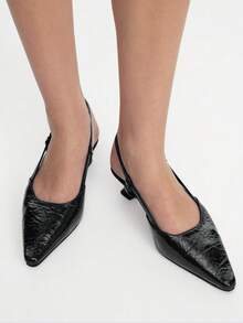 Mnmlis Black Pleated Glossy Pointed Back Empty Sandals Strap Strap Strap Heel Women's High Heel Sandals - Black - View 3