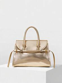 MOTF PREMIUM WOMEN'S FASHION SHINY GOLD HANDBAG WITH DELICATE STRAP BUCKLE FOR DAILY USE, COMMUTING, SHOPPING, FESTIVALS, PARTIES, PARTIES - Gold - View 3